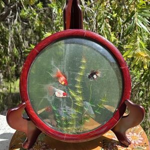 1970's Double Sided Asian Silk Embroidered Koi Fish‎ Under Glass Mounted on Wood